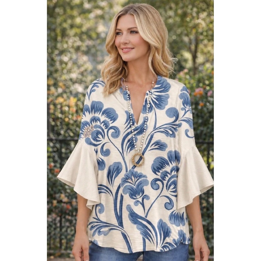 (CL) Floral Ruffle Bell Sleeve Split Neck Blouse Blue Cream Plus Size 3X